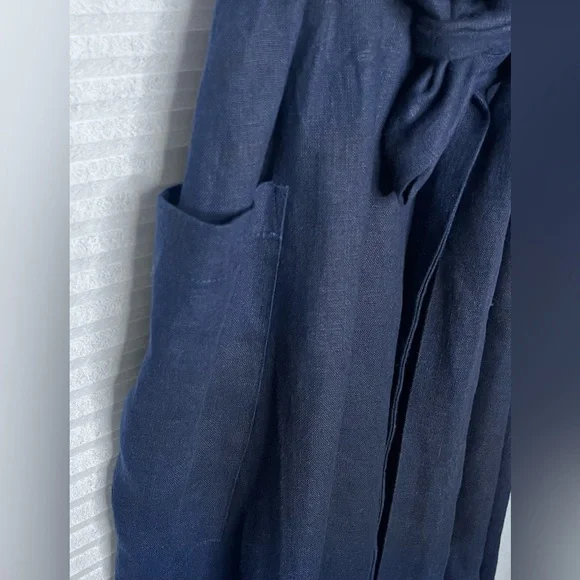 Grae Cove Frankie Linen Navy Blue Pocket V-neck Wrap Belted Midi Dress Large - Picture 3 of 10